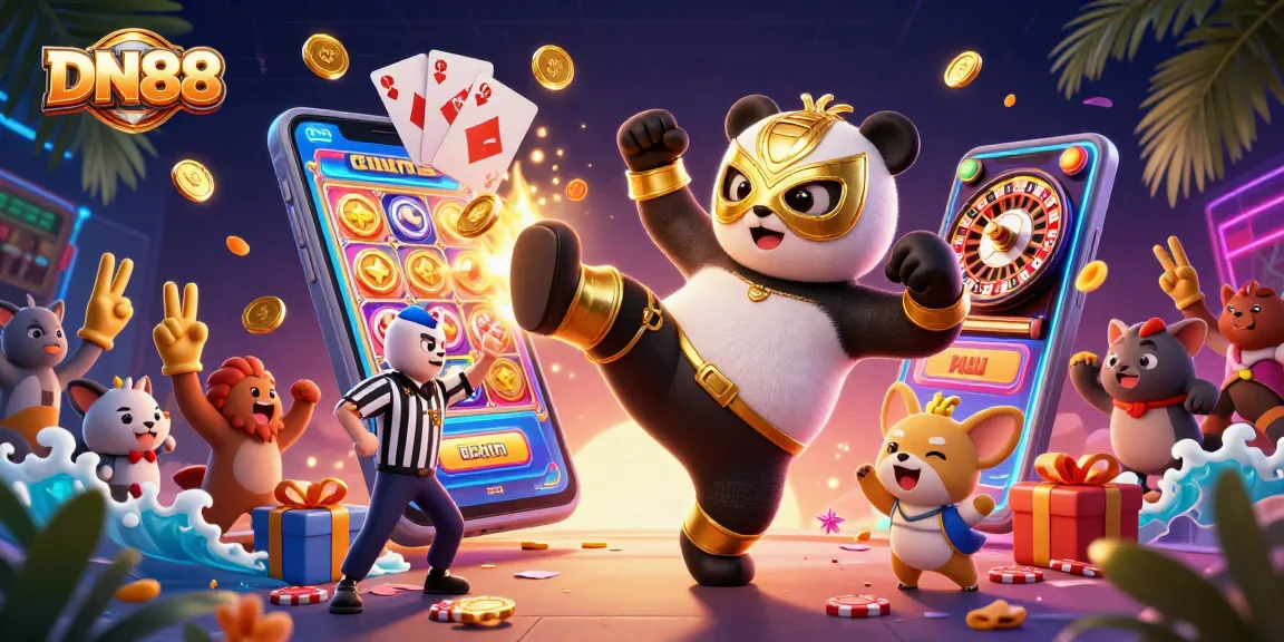 Experience thrilling gameplay with DN88's vibrant casino scene featuring colorful slots and enthusiastic animal spectators.