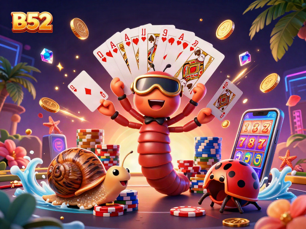 B52 interactive casino scene featuring a vibrant dealer and high-roller with chips.