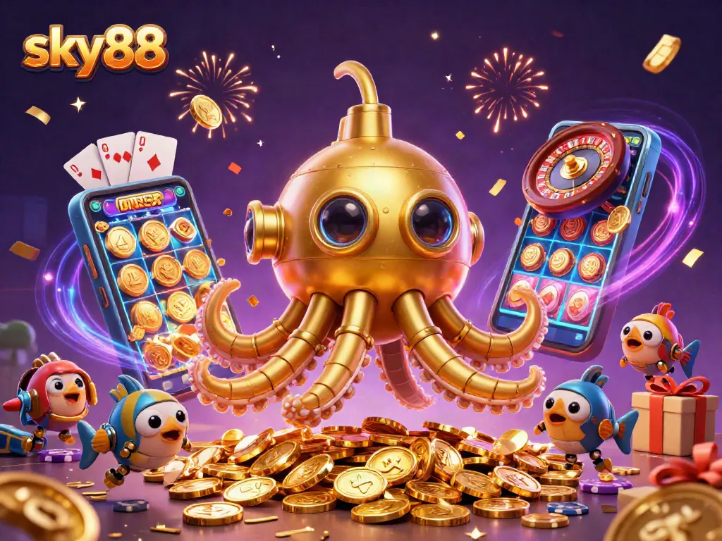 Experience sky88's thrilling gaming scene with a golden kraken submarine in a treasure-filled sea.