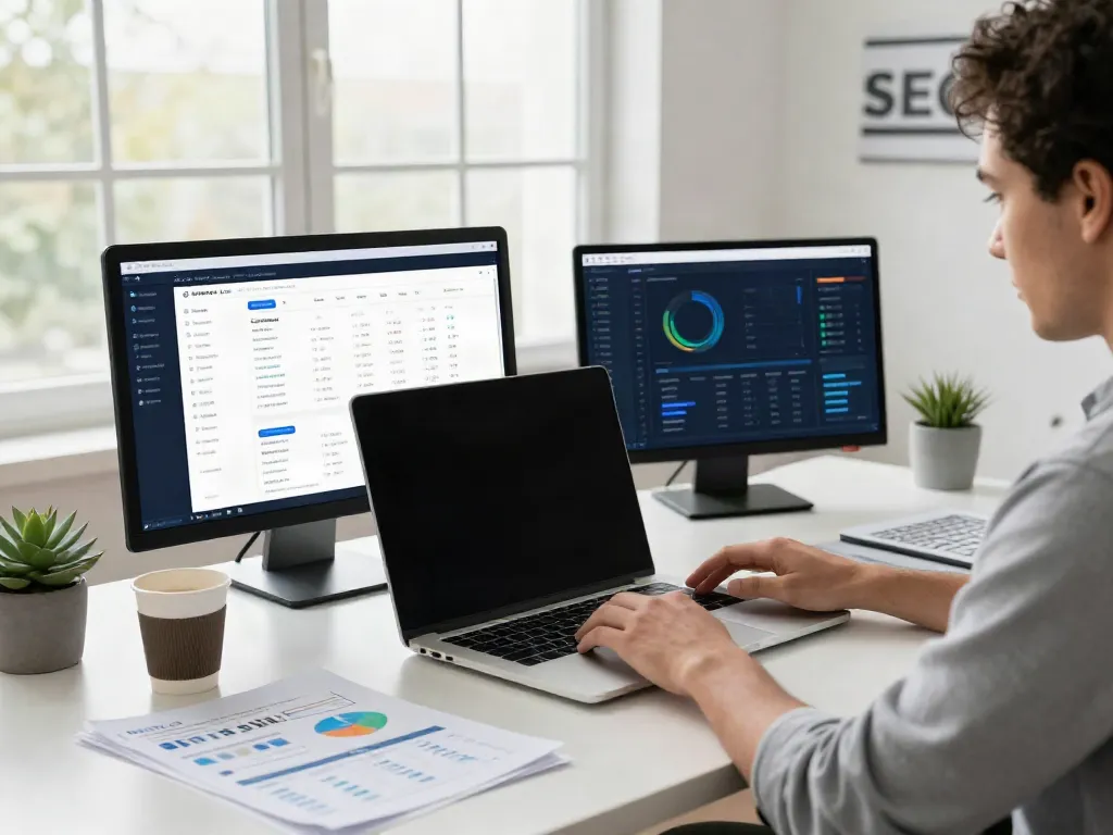 SEO specialist analyzing instant indexing data at a modern workspace.