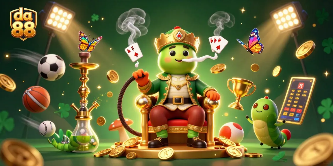 Experience the thrill of da 88 with a vibrant 3D casino scene showcasing sports elements and a whimsical caterpillar.