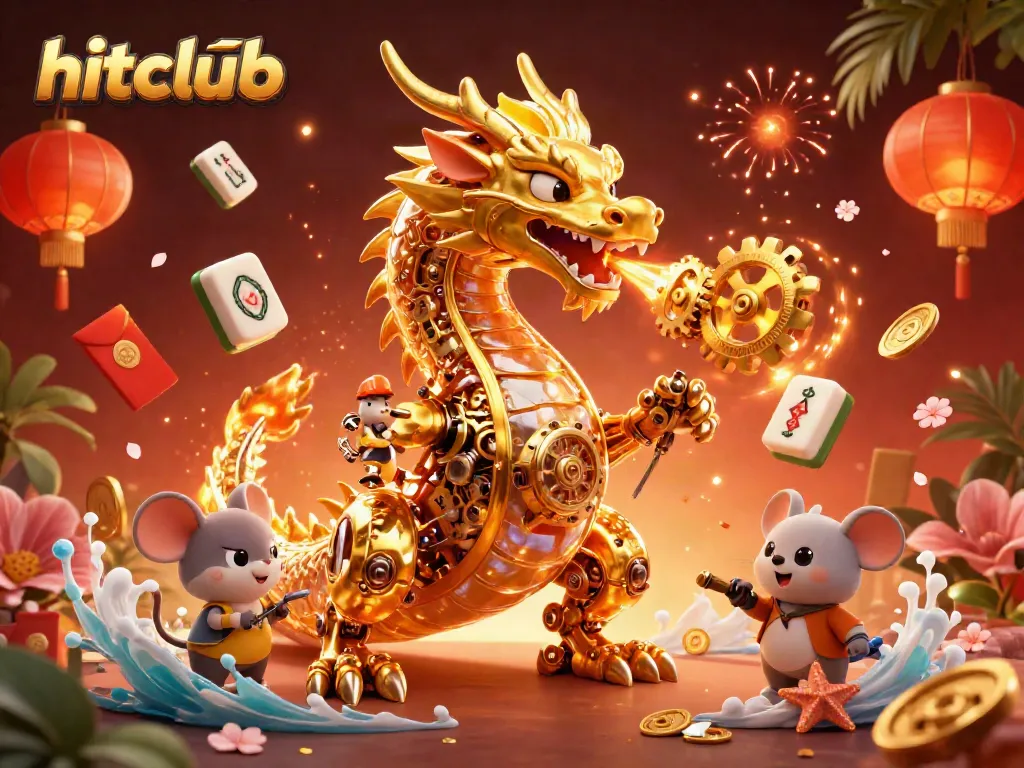 Experience the excitement of gaming at hitclub with a golden dragon and vibrant gambling elements.