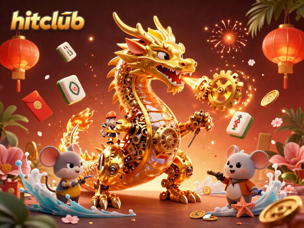 Experience the excitement of gaming at hitclub with a golden dragon and vibrant gambling elements.