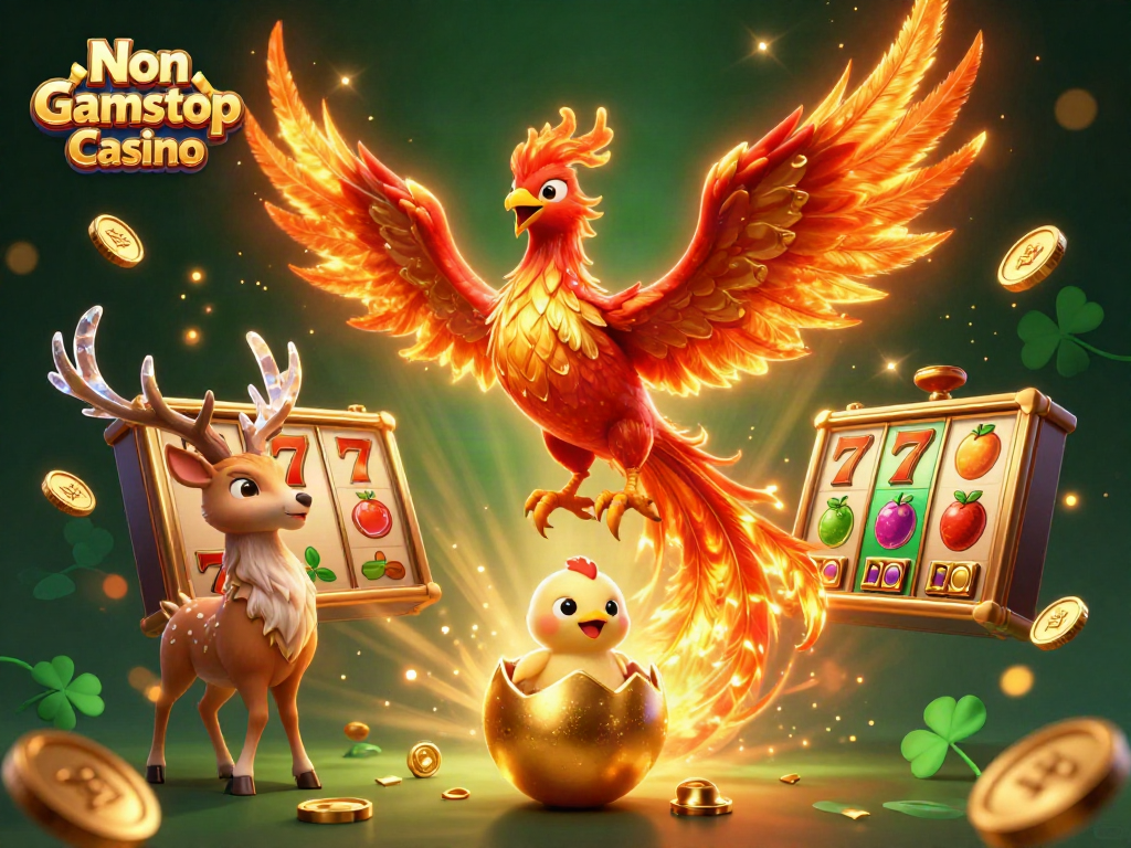 Engage with the Non Gamstop Casino featuring vibrant phoenixes and slot machine symbols.