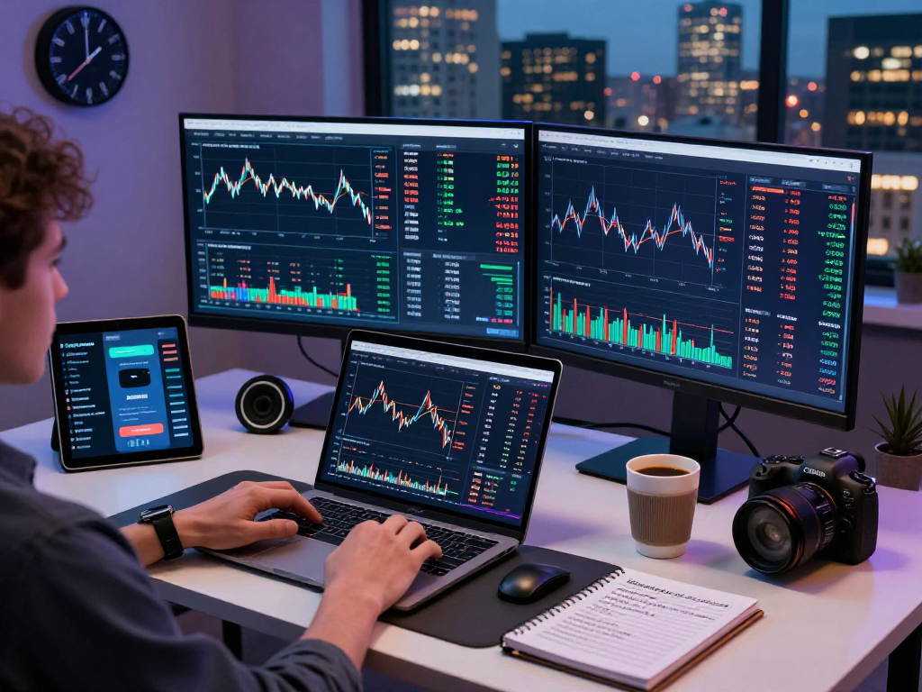 Engaged trader analyzing kyber-swap cryptocurrency market on multiple screens in a modern office setting.