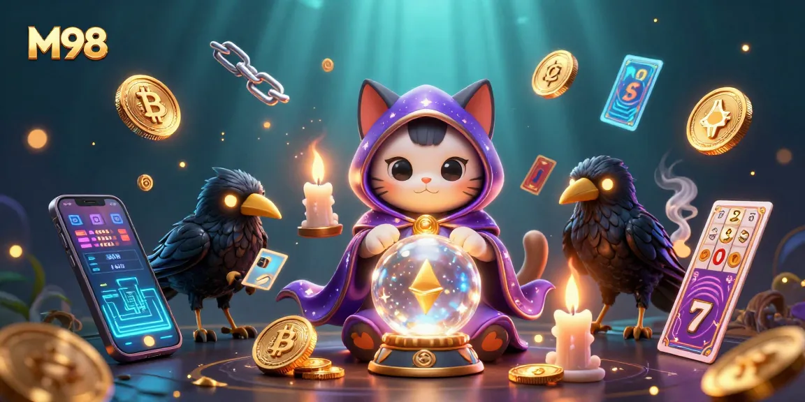 M98 interactive scene featuring mystical characters and cryptocurrency elements for engaging online slots
