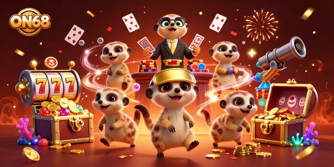 Engage with ON68's vibrant casino scene featuring meerkats in dynamic roles, showcasing excitement and action.