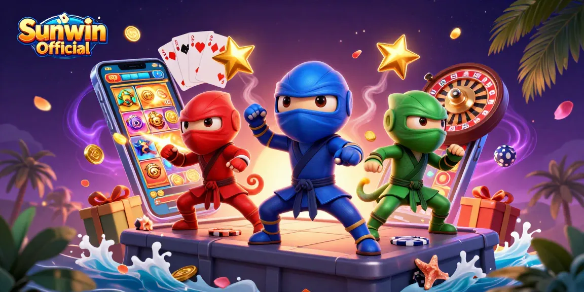 Sunwin Official illustration featuring ninja chameleons with slot games for exciting casino action
