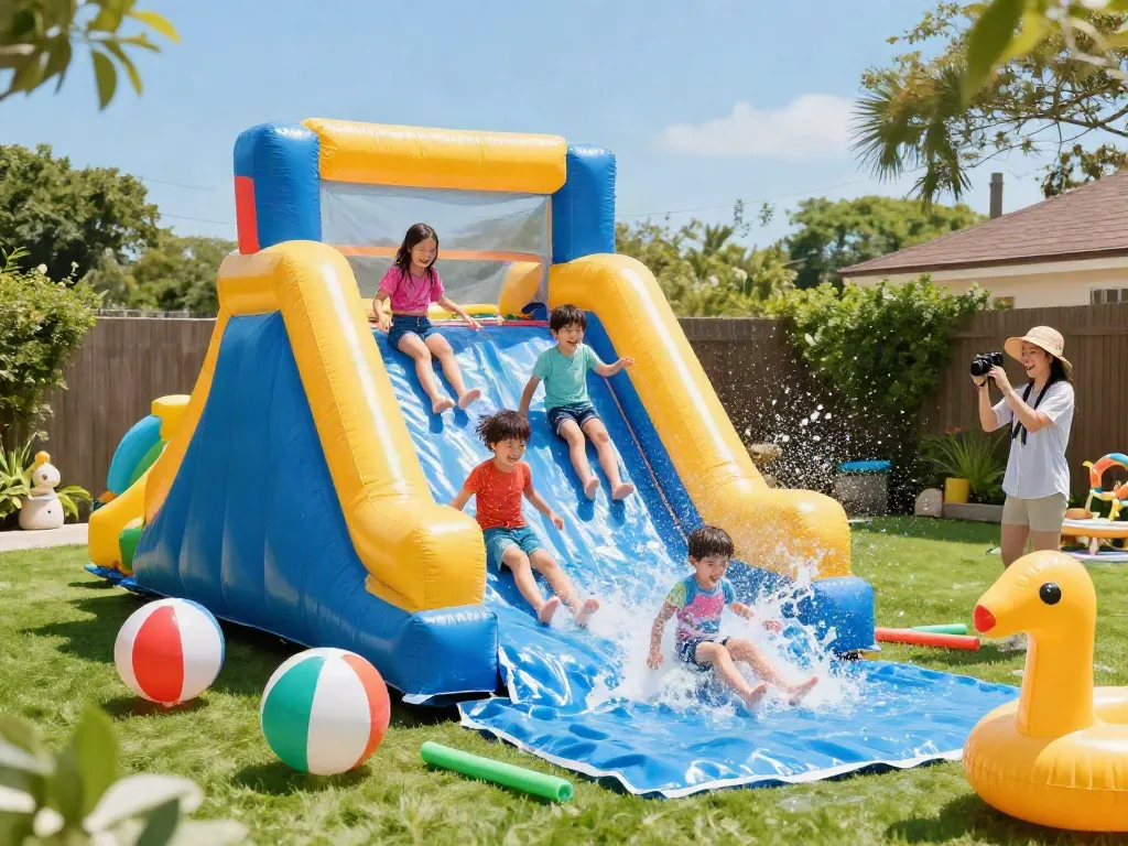 Kids enjoying a slide in the water, splashing joyfully down a colourful inflatable water slide in the backyard.