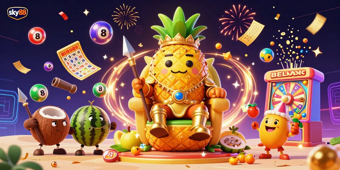 Experience the excitement of sky88 with a vibrant 3D casino scene featuring a golden pineapple king and lively game elements.