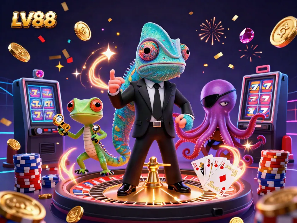 Experience thrilling betting at LV88 with animated characters and sparkling casino elements.