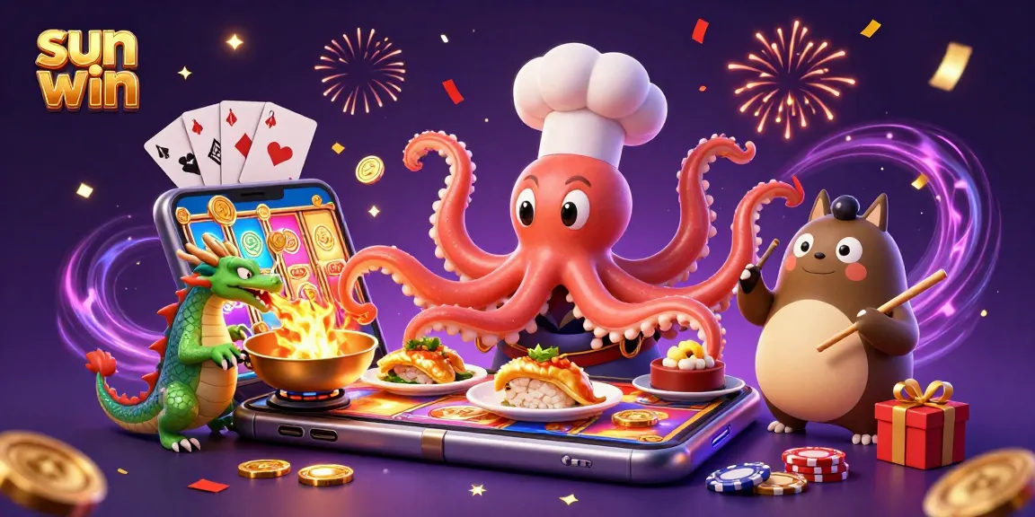 Experience the excitement of sun win with a vibrant casino-themed illustration featuring unique characters and gameplay.