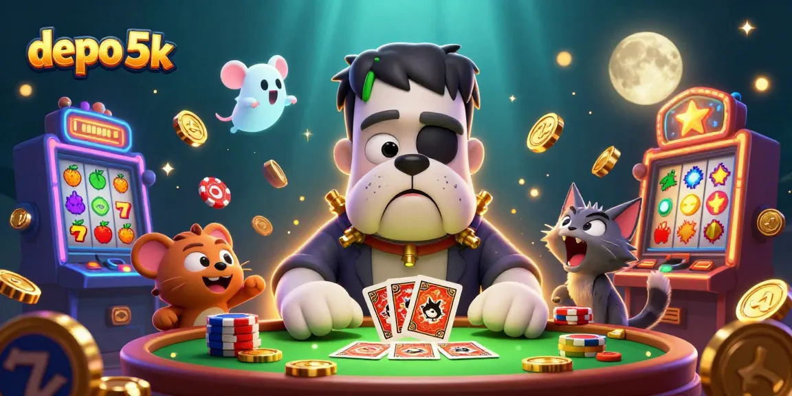 Spin the reels with depo 5k as the cartoon Frankenstein bulldog and werewolf kitten create an exciting casino scene.