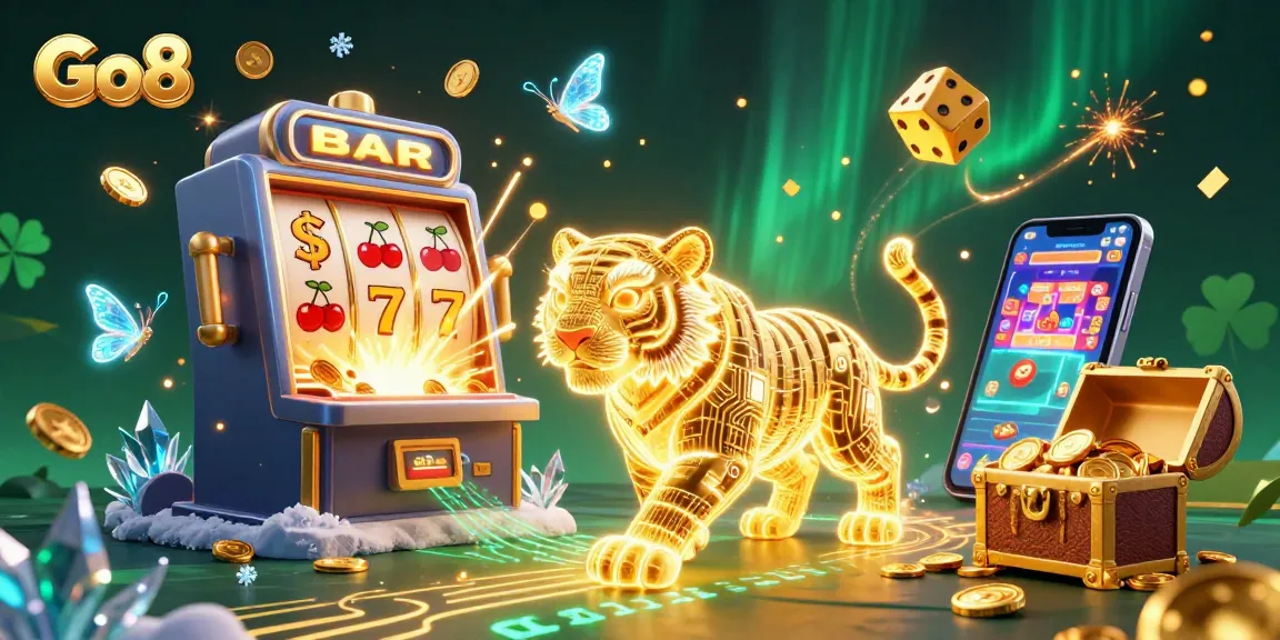 Experience thrilling wins with Go8 in a vibrant digital casino scene featuring a golden tiger and slot machine.