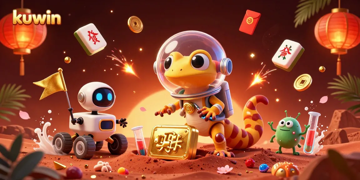 Kuwin casino-themed illustration featuring a Martian gecko with casino treasures, enhancing your gaming experience.