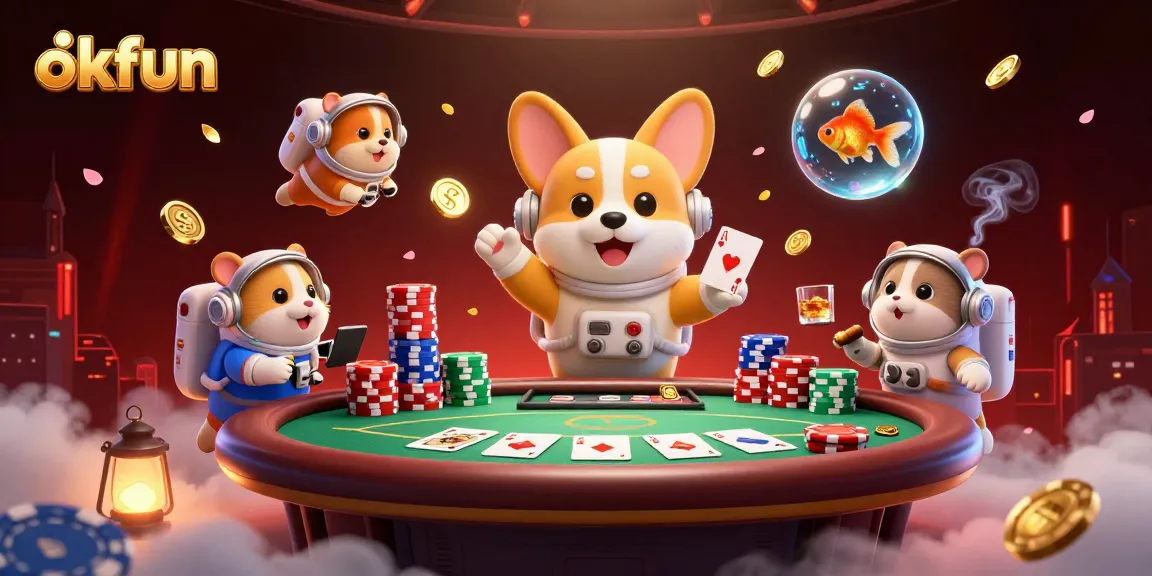Experience excitement with okfun as a 3D cartoon astronaut corgi enjoys casino games in space