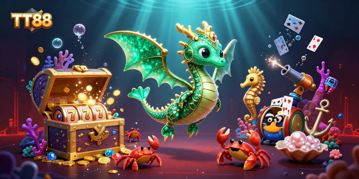 Experience TT88 with a vibrant 3D illustration showcasing underwater treasures and dynamic gaming elements.