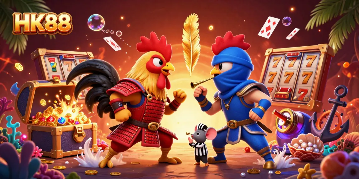 HK88 roosters face off, showcasing casino excitement with dynamic game elements.