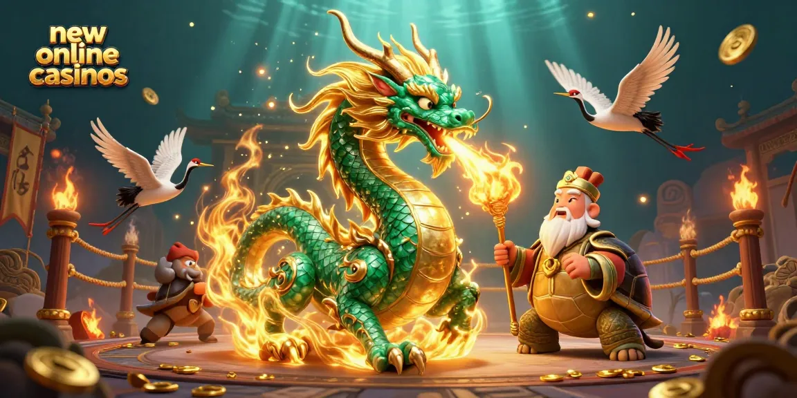 Immerse yourself in the world of new online casinos with a vibrant 3D scene of a jade dragon, turtles, and cranes amidst gold coins and flames.